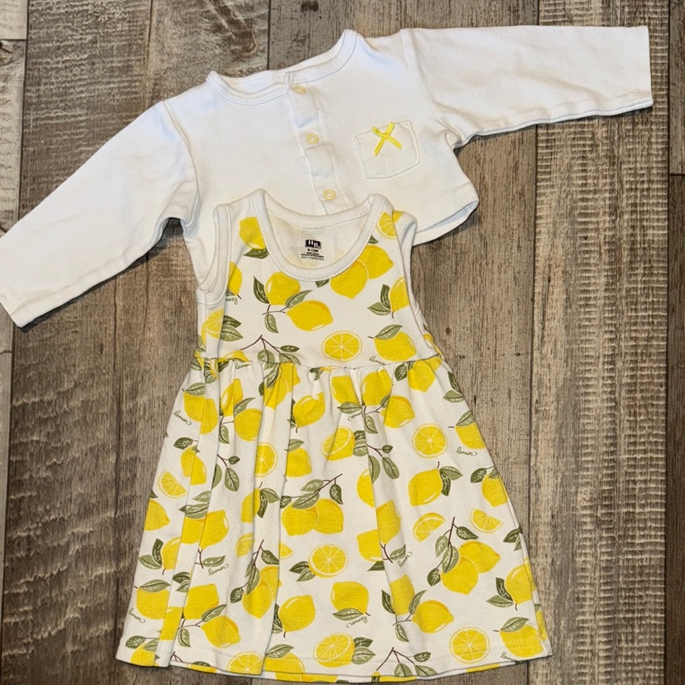 HB Lemon Print Baby Dress with White Cardigan-size 9-12 months